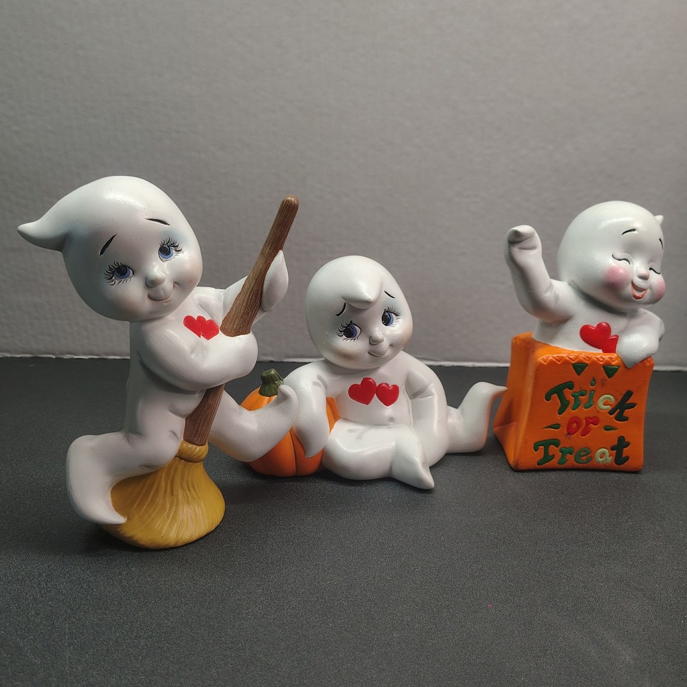 Boo Baby Ceramic Ghost Figurines Halloween Decor Set of 3 White Orange Festive